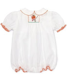 Petit Ami White Classic Smocked Pumpkin Girls Bubble Romper in Newborn, 3, 6, 9 Months
