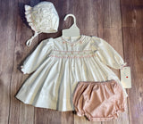 Petit Ami Girls White Dusty Rose Smocked Long Sleeve 3pc Dress & Bonnet Newborn