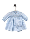 Petit Ami Baby Girls Blue Swiss Dot Bow Smocked 3pc Dress Newborn Layette