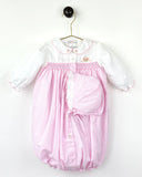 Petit Ami Girls Flower Basket Smocked Convertible Gown to Long Sleeve Romper & Bonnet Newborn
