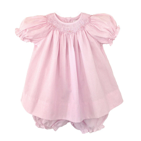 Petit Ami Girls Pink Gingham Smocked Bishop 3pc Dress Newborn with bloomers