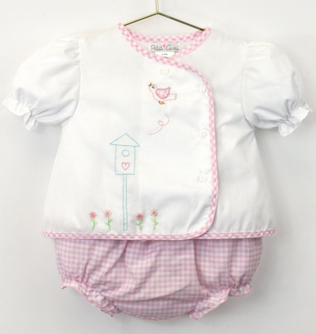 Petit Ami Baby Girls White & Pink Gingham Bird House Diaper Set in Newborn