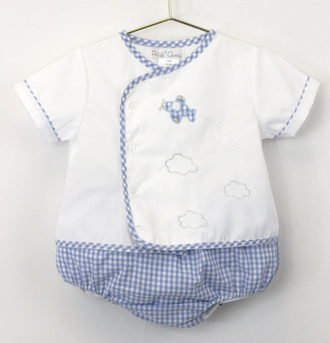 Petit Ami Baby Boys White & Blue Gingham Airplane Diaper Set in Newborn & 3 6 9 Months