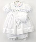 Petit Ami White & Blue Girls Smocked Dress with Bonnet & Bloomers Size Newborn 3 6 9 Months