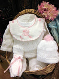 Will'beth White Pink Knit 4pc Gift Set Baby Girls Hat Booties Newborn & Preemie