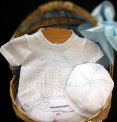 Will'beth Boys White Blue Airplane Knit Diaper 4pc Set Hat Booties Newborn & Preemie
